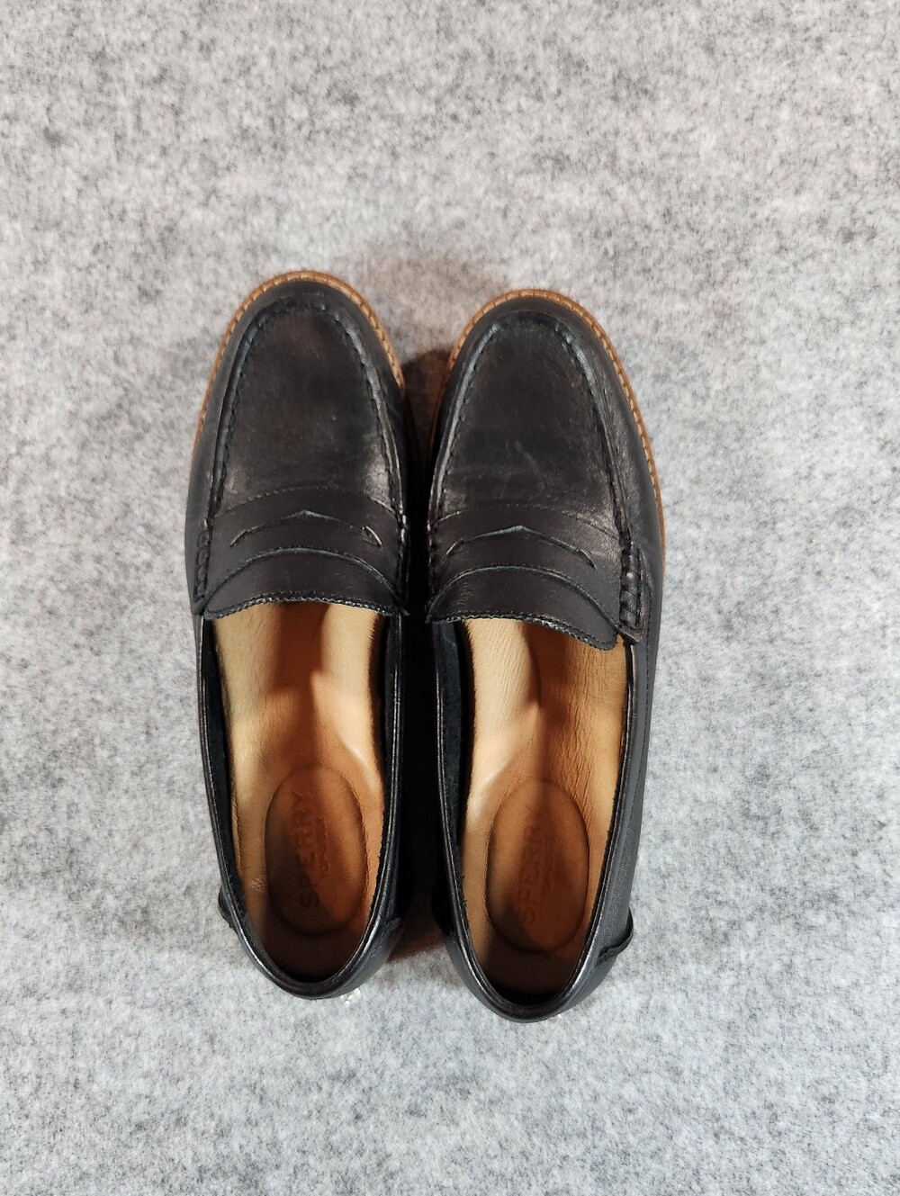 Sperry Black Leather Penny Loafers with Tan Lining